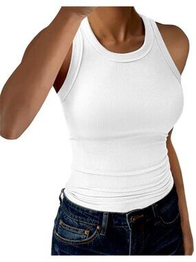 White High Neck Ribbed Tank Top Sleeveless Racerback Slim Fit Womens Shirt